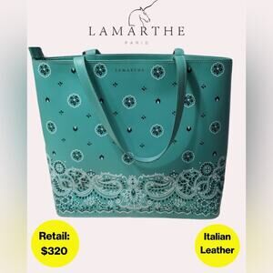 LAMARTHE Aqua/Teal Leather Tote Bag, Zipper Closure